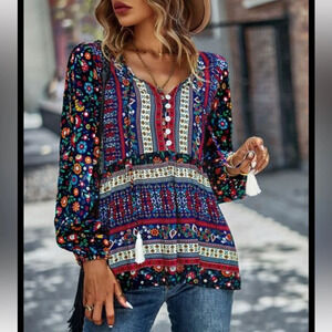 Kaywide Bohemian Floral Print V-Neck Peasant Boho Flowy Y2K Babydoll Top Size L